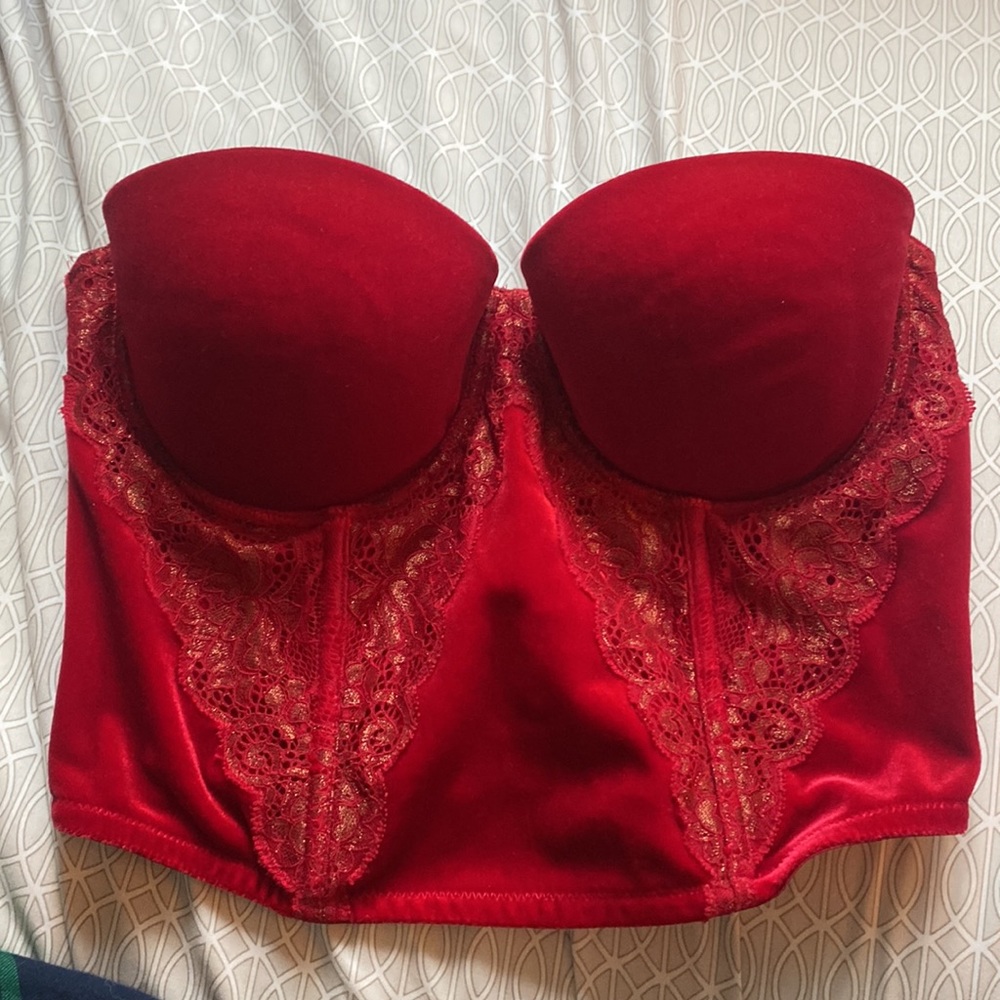 Dark red Victoria’s Secret strapless corset top.